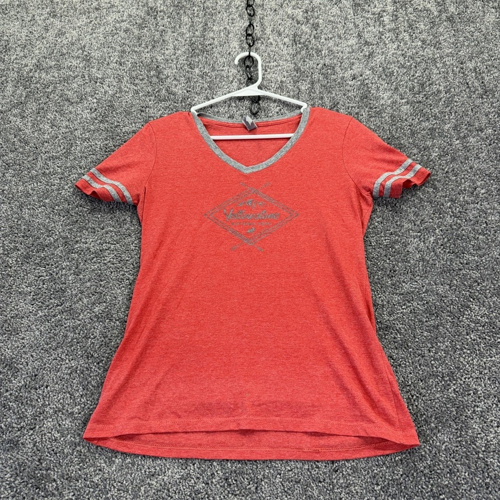 Jerzees Shirt Womens S Red Yellowstone National Park Graphic V Neck Tee Casual